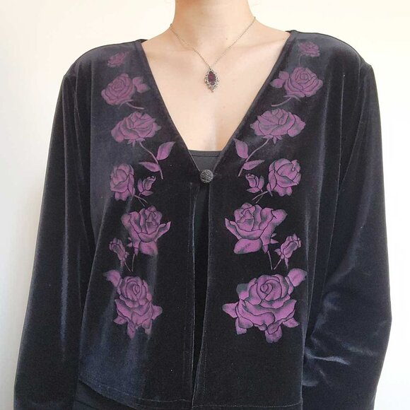 Vintage 90s whimsigoth gothic black velvet and purple rose cardigan XL - Picture 16 of 16